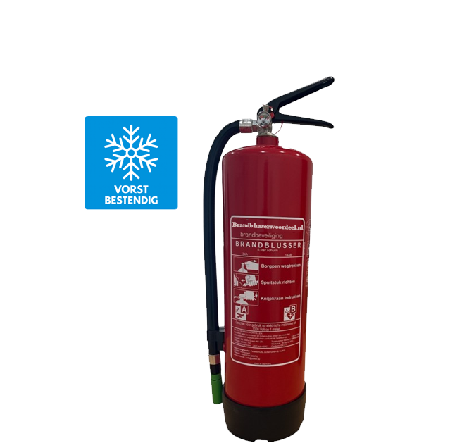 6 liter fluorvrije en vorstbestendige schuimbrandblusser met blusrating 34A en 144B, geschikt voor vaste stoffen en vloeistoffen