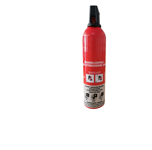 750 ml spraybrandblusser geschikt voor brandklassen A, B en F, ideaal voor kleine branden in huis, keuken of onderweg